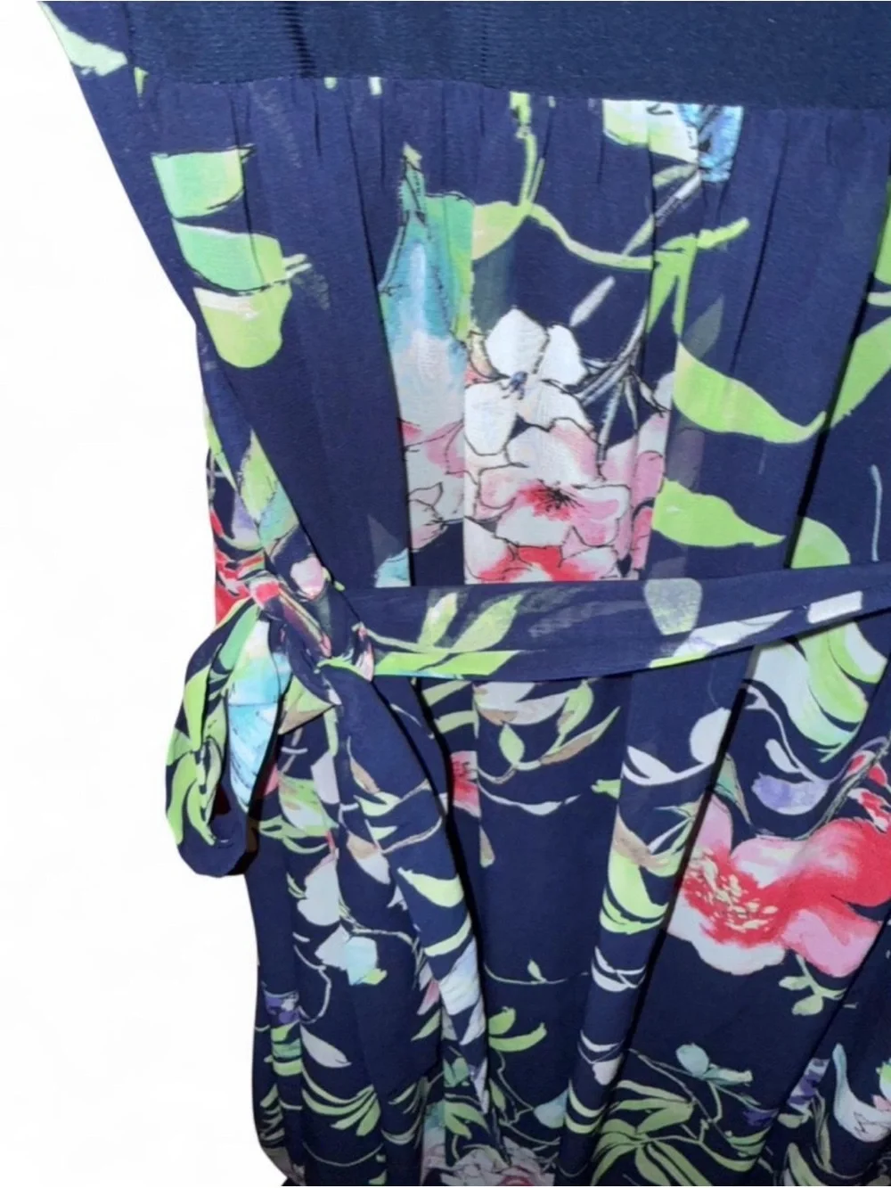 Chaps navy blue floral sleeveless maxi dress with a belted waist size 16 - Picture 7 of 8